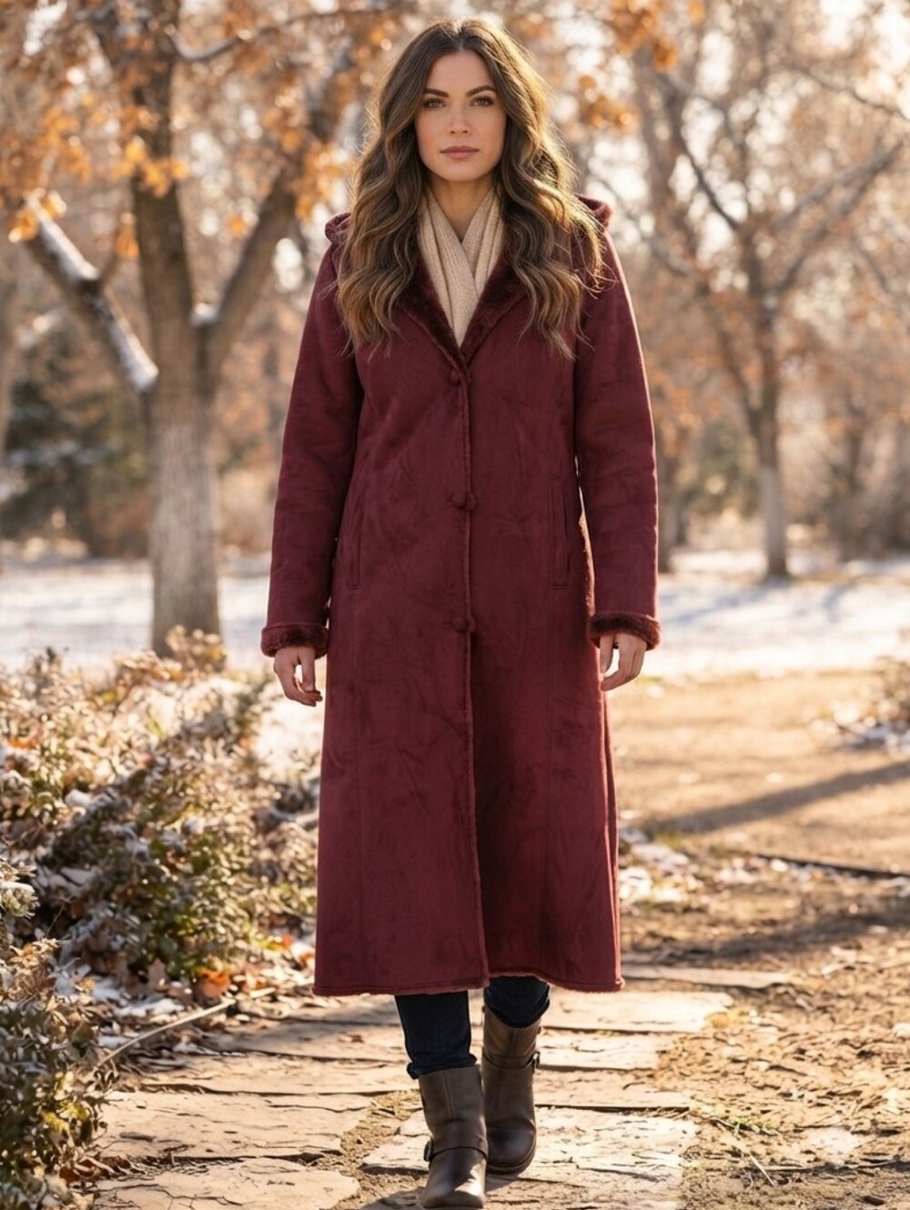 Women's Elegant Faux Suede Hooded Long Coat - Burgundy Winter Outerwear